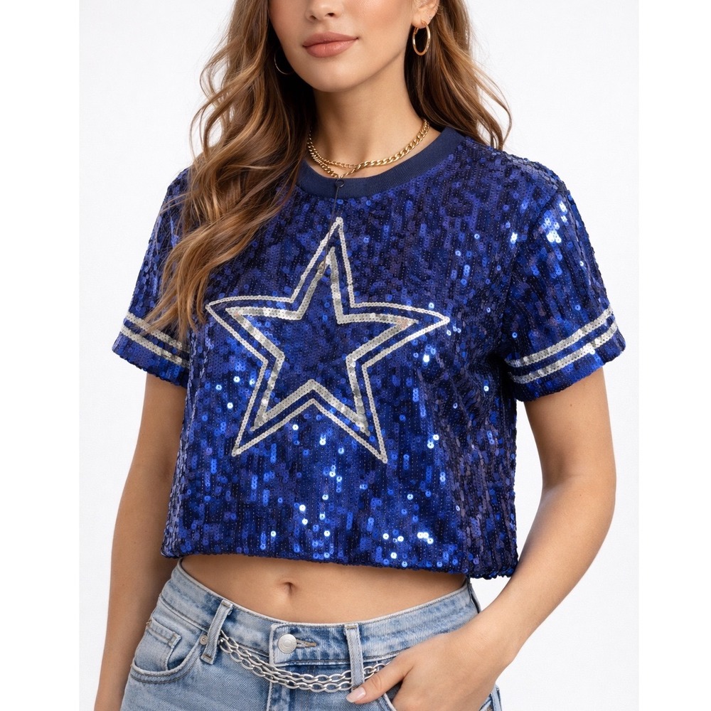Dallas Cowboys Crop Top Women Small Navy The Wild Collective Football NFL Sequin
